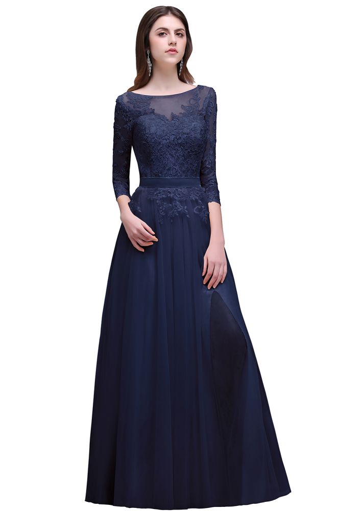 Champagnerfarbenes A-Linien-Abschlussballkleid mit Spitzenapplikationen