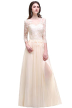 Champagnerfarbenes A-Linien-Abschlussballkleid mit Spitzenapplikationen