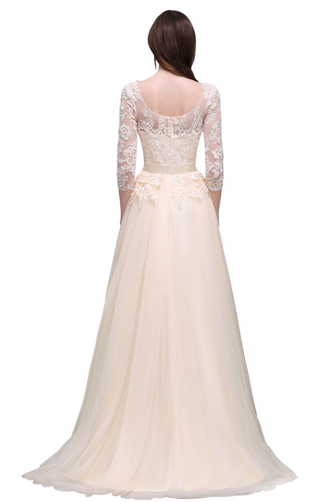 Champagnerfarbenes A-Linien-Abschlussballkleid mit Spitzenapplikationen