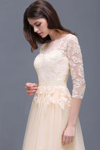 Champagnerfarbenes A-Linien-Abschlussballkleid mit Spitzenapplikationen