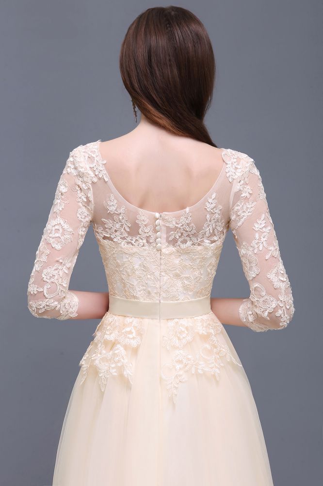 Champagnerfarbenes A-Linien-Abschlussballkleid mit Spitzenapplikationen