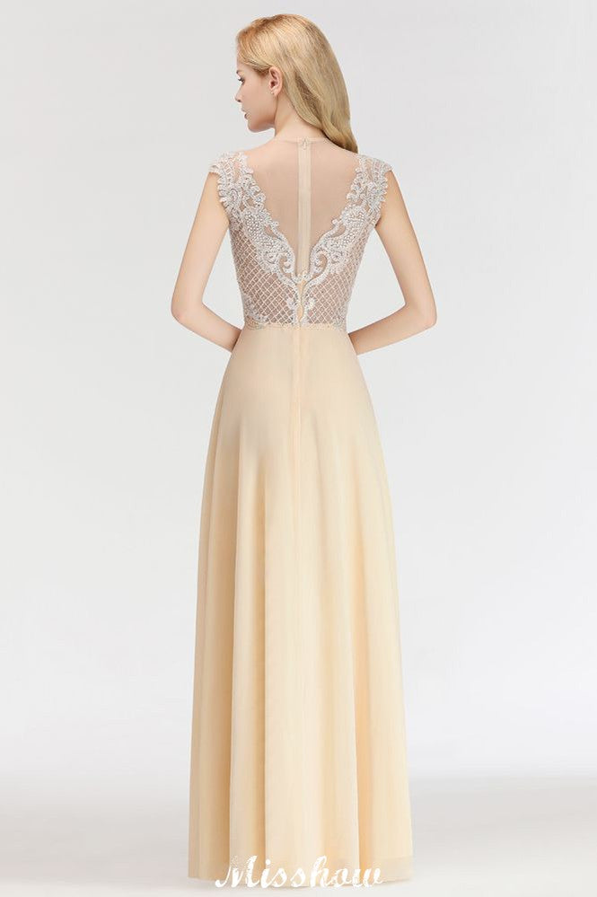 Vestido de dama de honor largo hasta el suelo con cristales y corte A sin mangas color champán