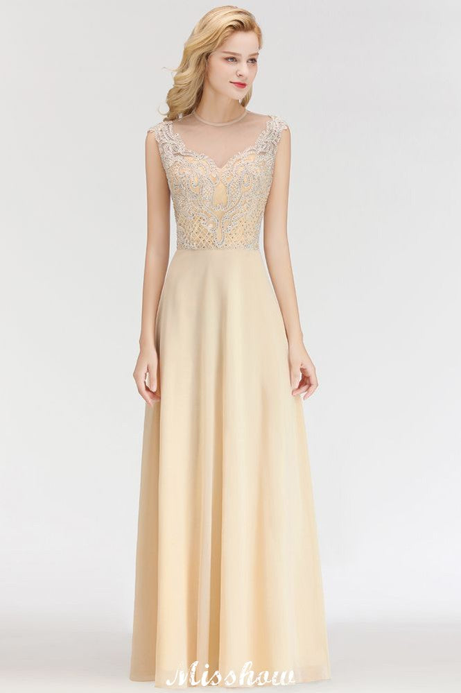 Vestido de dama de honor largo hasta el suelo con cristales y corte A sin mangas color champán