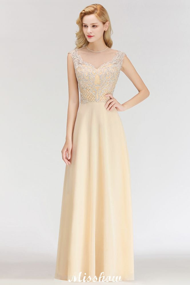 Vestido de dama de honor largo hasta el suelo con cristales y corte A sin mangas color champán
