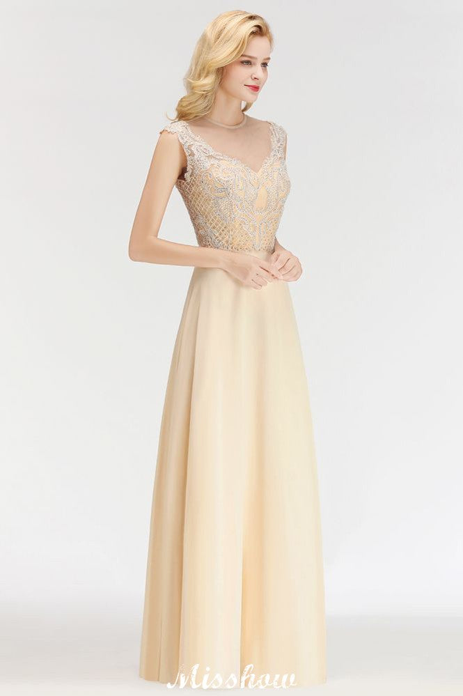 Vestido de dama de honor largo hasta el suelo con cristales y corte A sin mangas color champán