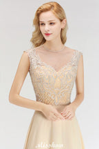 Vestido de dama de honor largo hasta el suelo con cristales y corte A sin mangas color champán