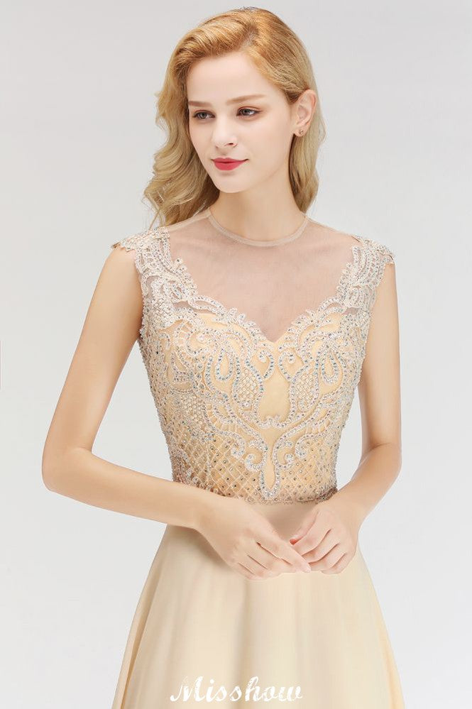 Vestido de dama de honor largo hasta el suelo con cristales y corte A sin mangas color champán