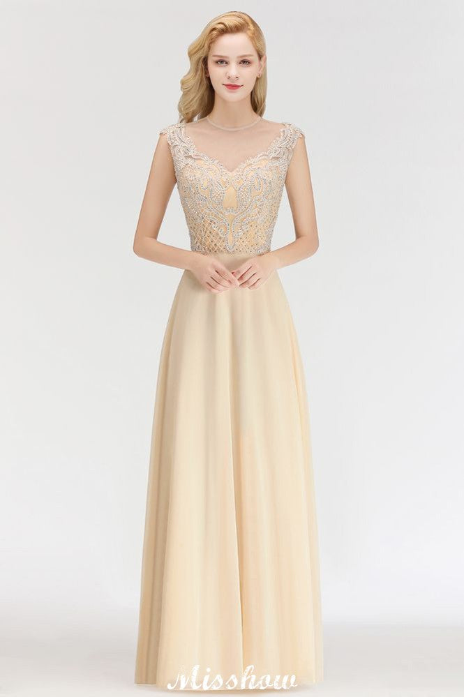 Vestido de dama de honor largo hasta el suelo con cristales y corte A sin mangas color champán