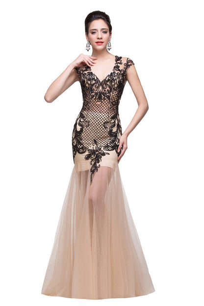 Vestidos de fiesta de sirena con escote en V color champán y largo hasta el suelo