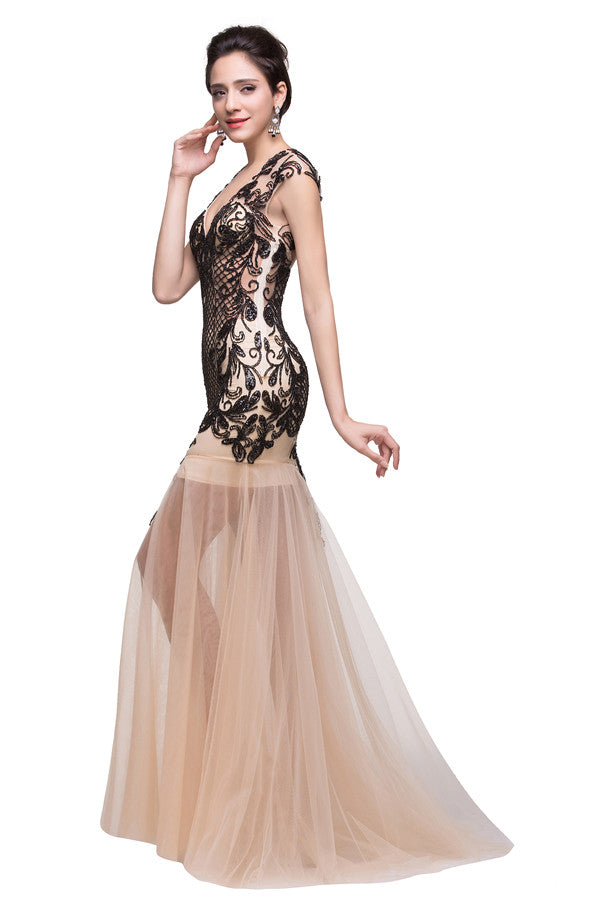 Vestidos de fiesta de sirena con escote en V color champán y largo hasta el suelo
