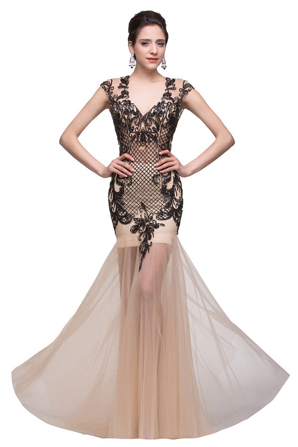 Vestidos de fiesta de sirena con escote en V color champán y largo hasta el suelo