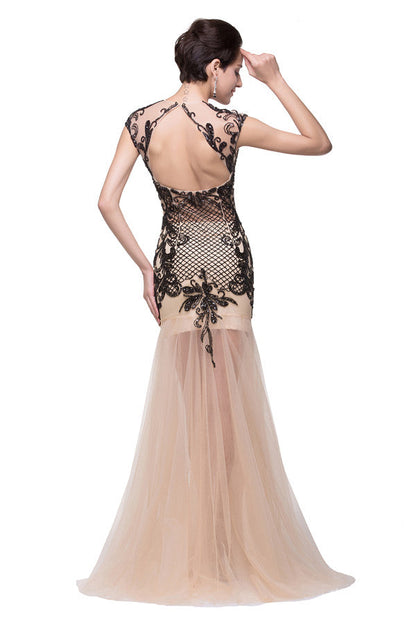 Vestidos de fiesta de sirena con escote en V color champán y largo hasta el suelo