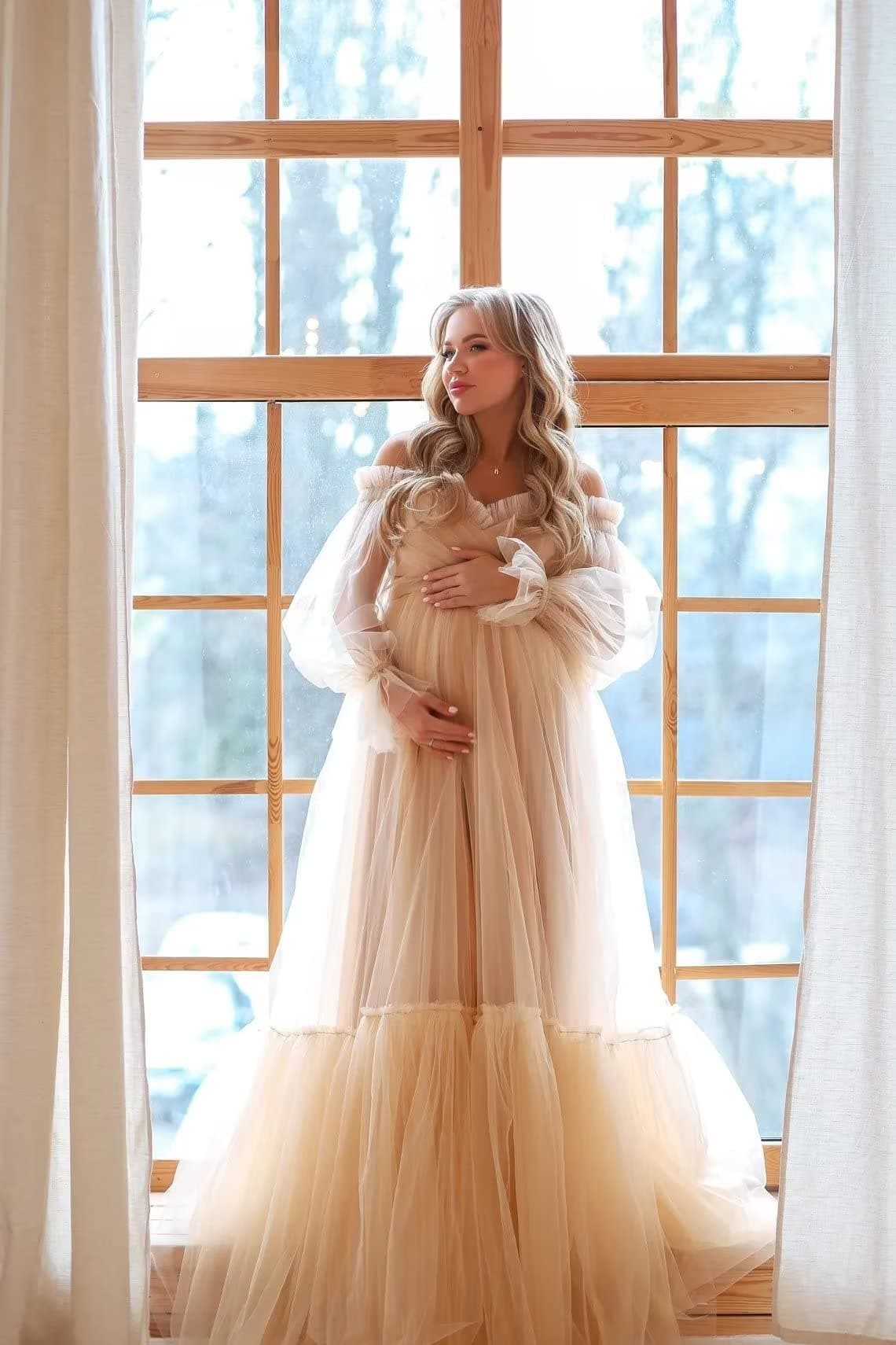 Puffy Sleeve Maternity Dress Tulle Robe SY040