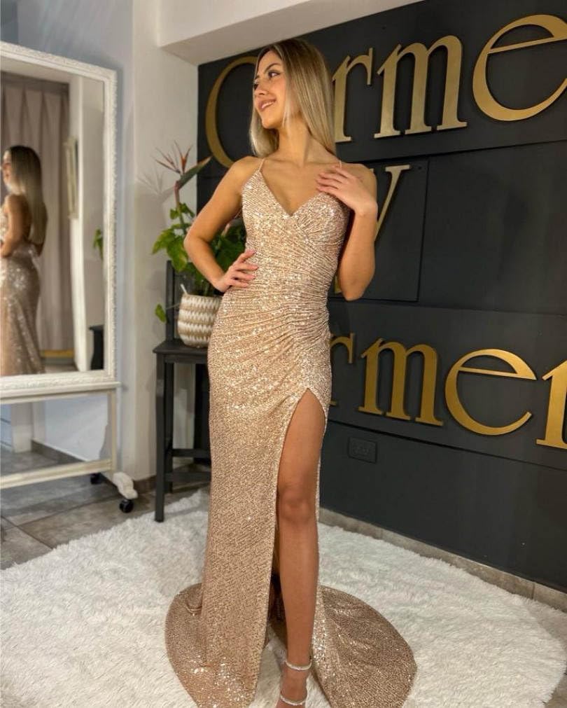 Glitter Evening Gown Sparkly Prom Dress With Slit