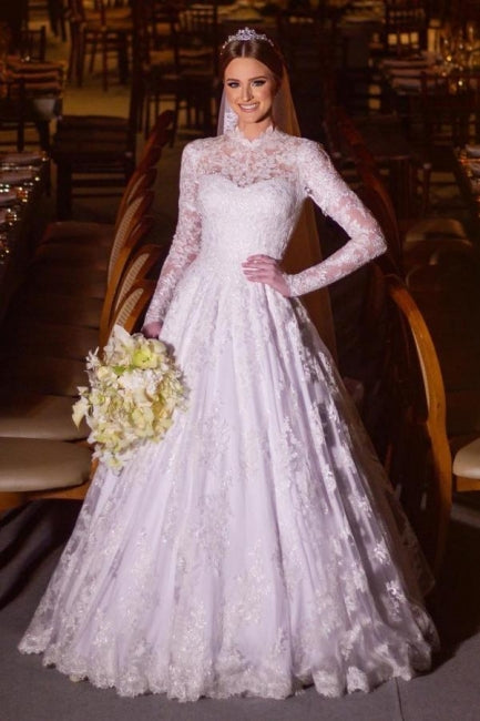 Encantadores vestidos de novia blancos de manga larga, cuello alto y encaje en forma de A con apliques