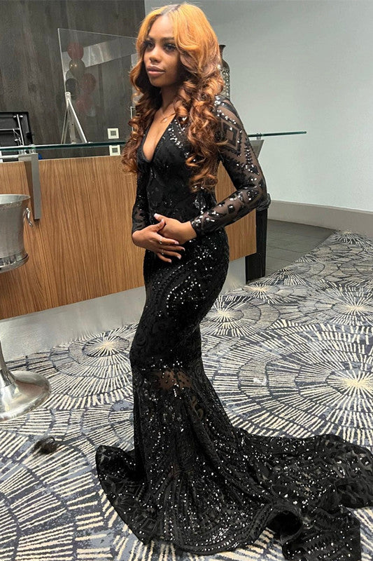 Vestido de fiesta de sirena con escote en V y mangas largas, color negro y encantador