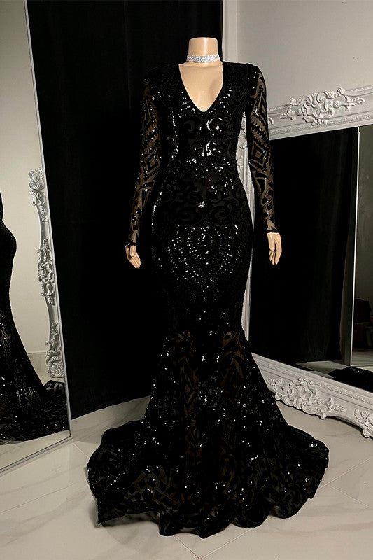 Vestido de fiesta de sirena con escote en V y mangas largas, color negro y encantador