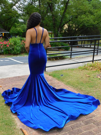 Charmantes blaues Spaghettiträger-V-Ausschnitt-transparente Spitze-Säulen-Meerjungfrau-Ballkleid