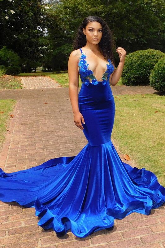 Encantadores vestidos de fiesta de sirena con escote en V y tirantes finos en azul marino, con encaje transparente