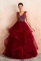 Charmantes burgunderrotes ärmelloses Partykleid Aline Puffy Tüll Abendkleid mit Pailletten