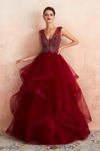 Charmantes burgunderrotes ärmelloses Partykleid Aline Puffy Tüll Abendkleid mit Pailletten