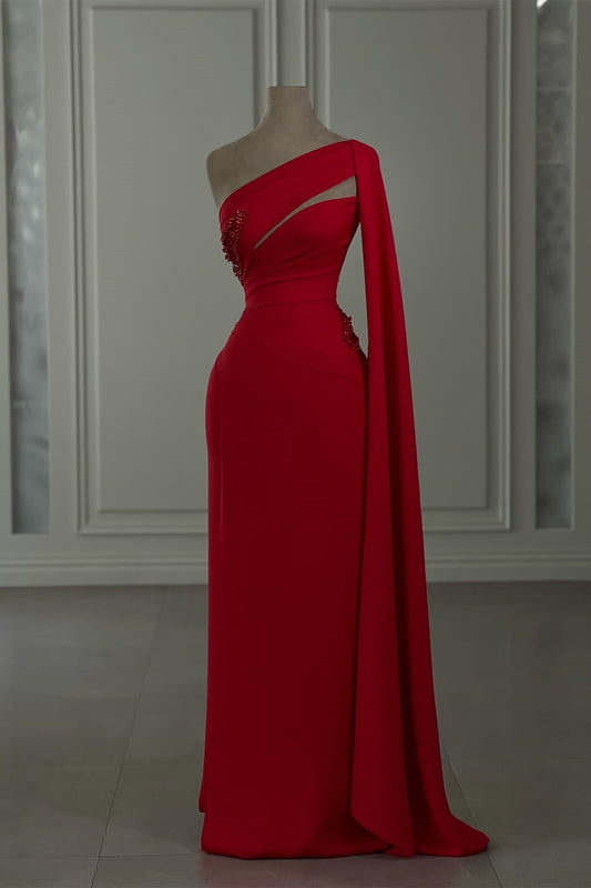 Encantador vestido de fiesta rojo de gasa con un hombro al descubierto y manga larga con diamantes de imitación