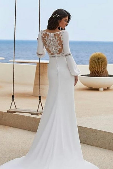 Charmantes, säulenförmiges, langärmliges weißes Brautkleid aus Satin mit Applikationen