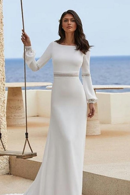 Charmantes, säulenförmiges, langärmliges weißes Brautkleid aus Satin mit Applikationen