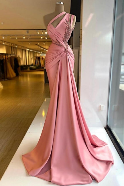 Charmantes säulenförmiges, ärmelloses rosa Satin-Ballkleid mit Rüschen
