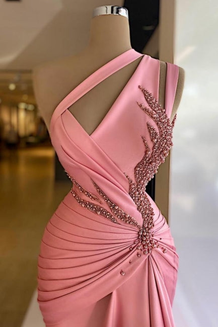 Vestido de fiesta rosa sin mangas de satén con volantes y columna encantadora