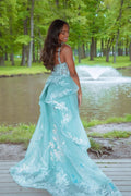 Vestido de fiesta con escote en V, sin mangas, con tirantes finos, de tul y encaje, con apliques