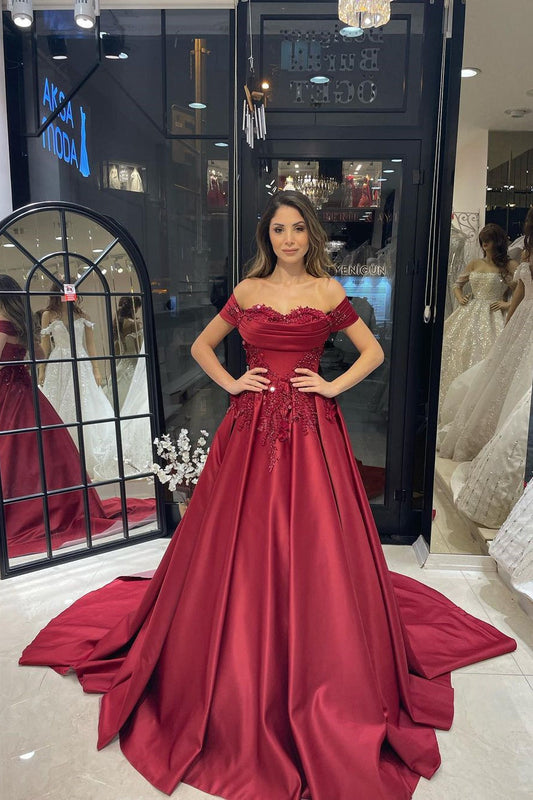 Vestido de novia encantador de satén con escote en forma de A, largo hasta el suelo, escote corazón y hombros descubiertos, con apliques