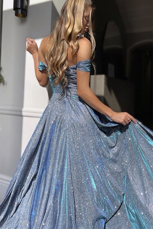 Bezauberndes bodenlanges, schulterfreies A-Linien-Ballkleid mit Pailletten und Schlitz
