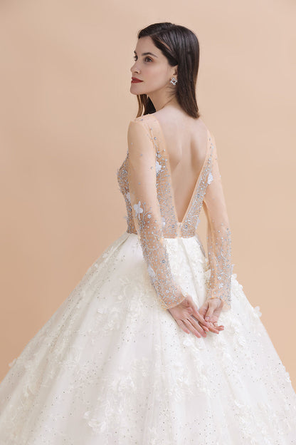 Vestido de novia con apliques de encaje floral encantador, precioso vestido de novia con cuentas blancas