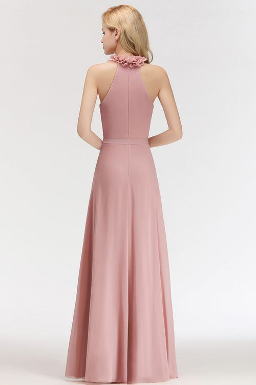 Charmantes Neckholder-Ärmelloses Chiffon-Brautjungfernkleid mit Rüschen, A-Linie, Abend-Maxikleid