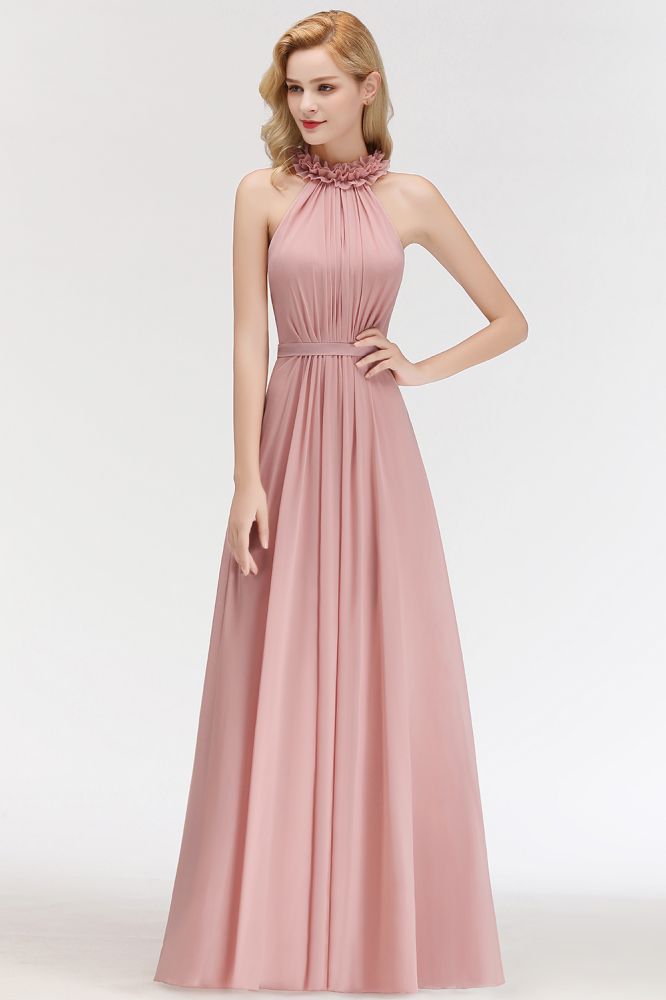 Encantador vestido de dama de honor de gasa con volantes, sin mangas y cuello halter, vestido de noche largo estilo Aline