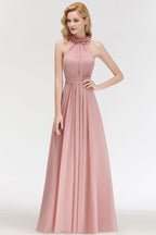 Encantador vestido de dama de honor de gasa con volantes, sin mangas y cuello halter, vestido de noche largo estilo Aline