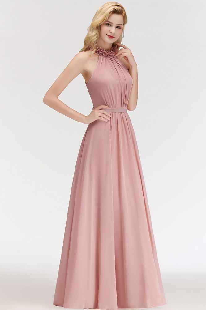 Encantador vestido de dama de honor de gasa con volantes, sin mangas y cuello halter, vestido de noche largo estilo Aline