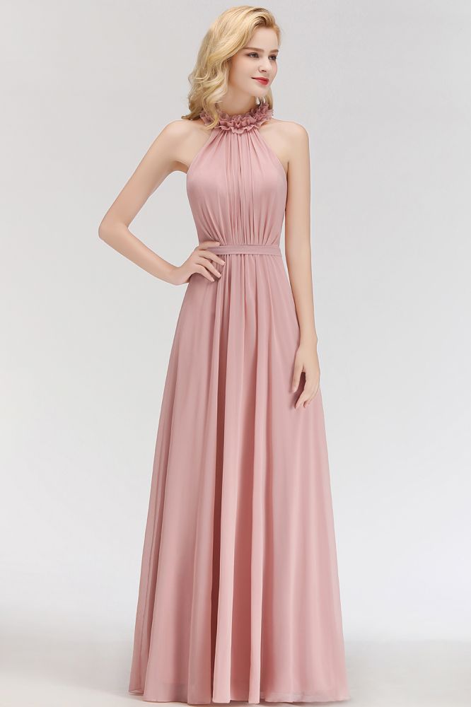 Encantador vestido de dama de honor de gasa con volantes, sin mangas y cuello halter, vestido de noche largo estilo Aline