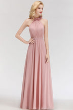 Encantador vestido de dama de honor de gasa con volantes, sin mangas y cuello halter, vestido de noche largo estilo Aline