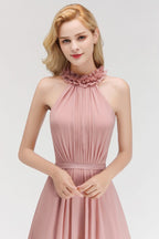 Encantador vestido de dama de honor de gasa con volantes, sin mangas y cuello halter, vestido de noche largo estilo Aline