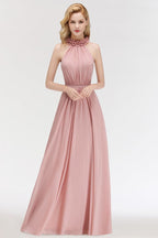 Encantador vestido de dama de honor de gasa con volantes, sin mangas y cuello halter, vestido de noche largo estilo Aline