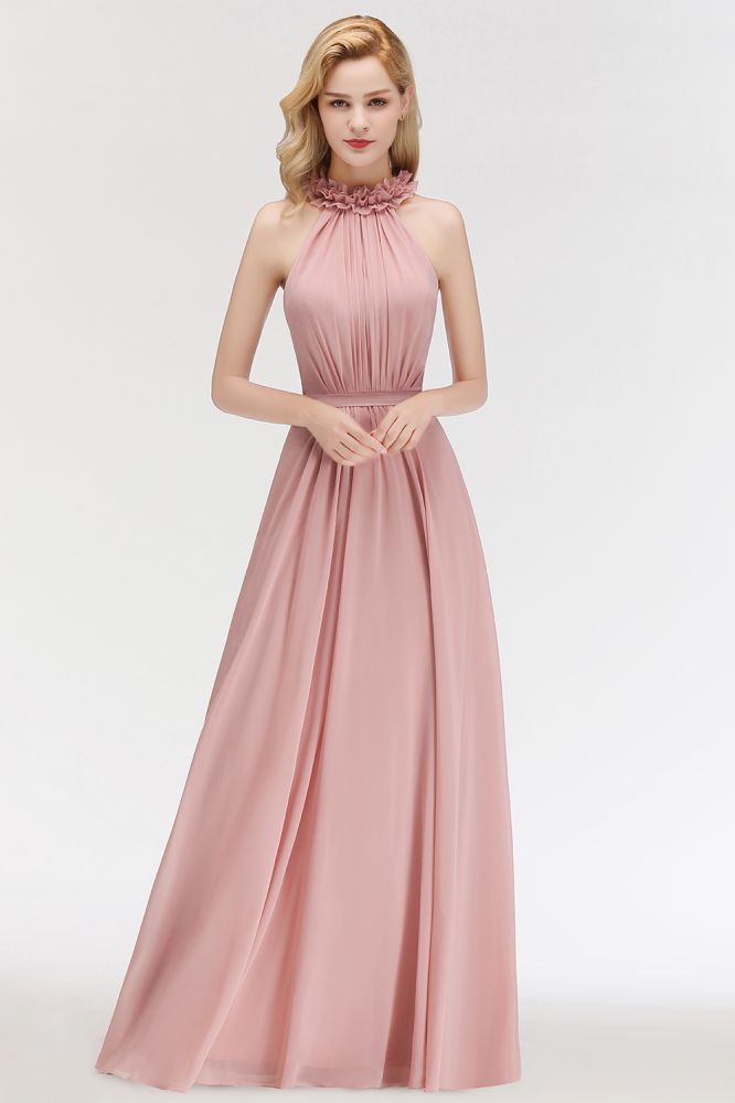 Encantador vestido de dama de honor de gasa con volantes, sin mangas y cuello halter, vestido de noche largo estilo Aline