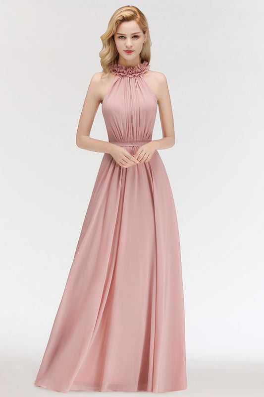 Encantador vestido de dama de honor de gasa con volantes, sin mangas y cuello halter, vestido de noche largo estilo Aline
