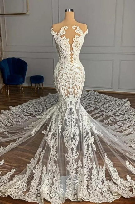 Vestido de novia de tul con apliques y corte sirena, sin mangas y con diseño de jardín de joyas