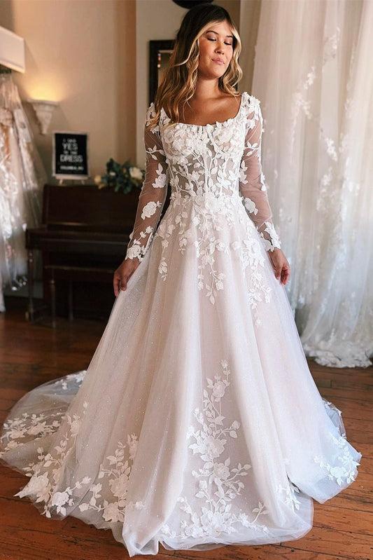 Vestido de novia encantador de corte A largo con apliques, mangas largas y cola