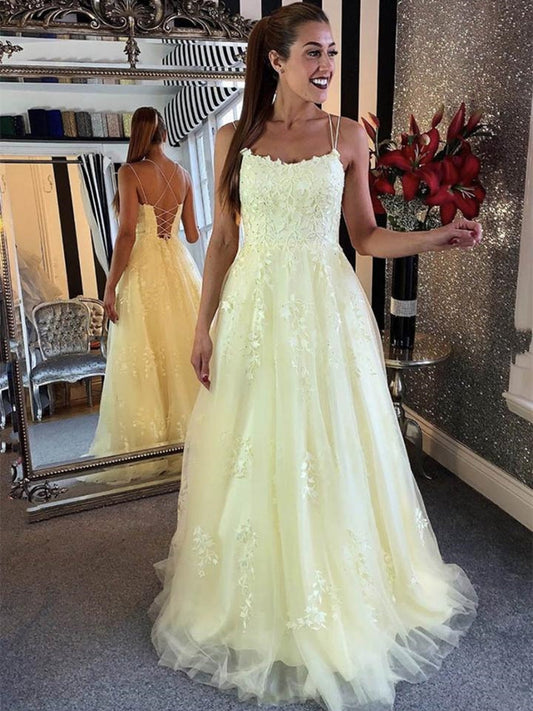 Encantadores vestidos de graduación formales de tul con encaje y espalda descubierta, largos y corte A