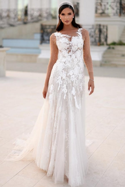 Encantadores vestidos de novia largos de corte A con apliques de encaje y mangas largas