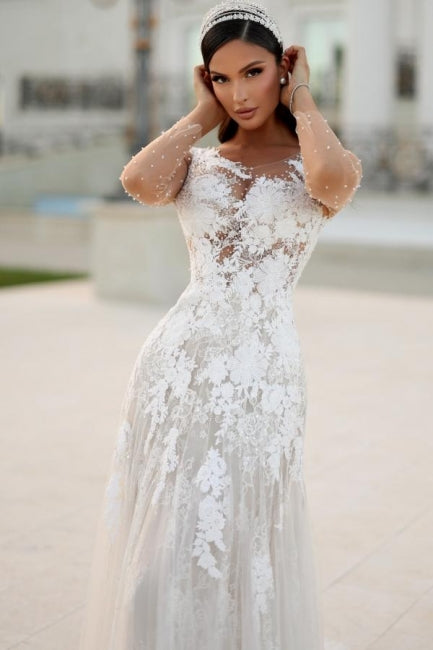 Encantadores vestidos de novia largos de corte A con apliques de encaje y mangas largas