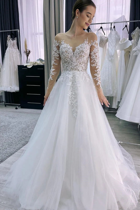 Vestido de novia encantador de corte A largo con apliques de tul y mangas largas